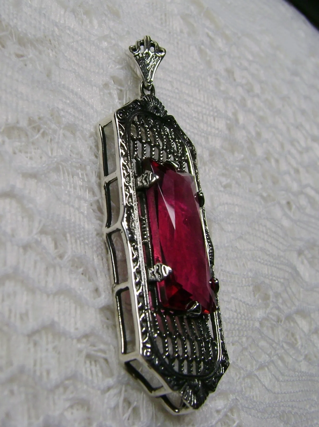 Ruby Necklace, Art Deco Pendant, Baguette Gem, 1930s Reproduction Jewelry, Baguette P16