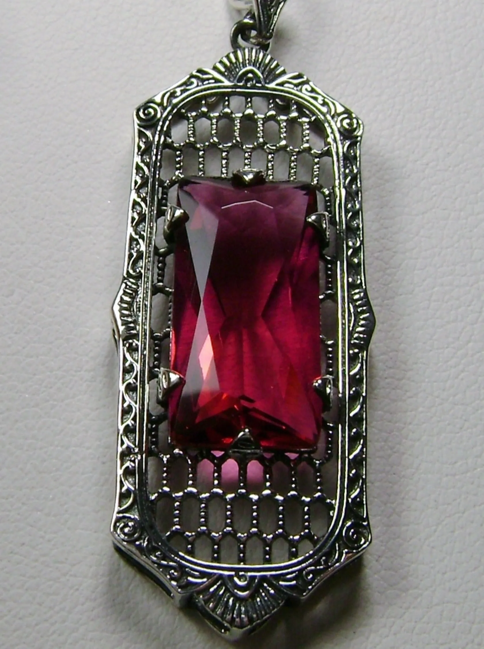 Ruby Necklace, Art Deco Pendant, Baguette Gem, 1930s Reproduction Jewelry, Baguette P16