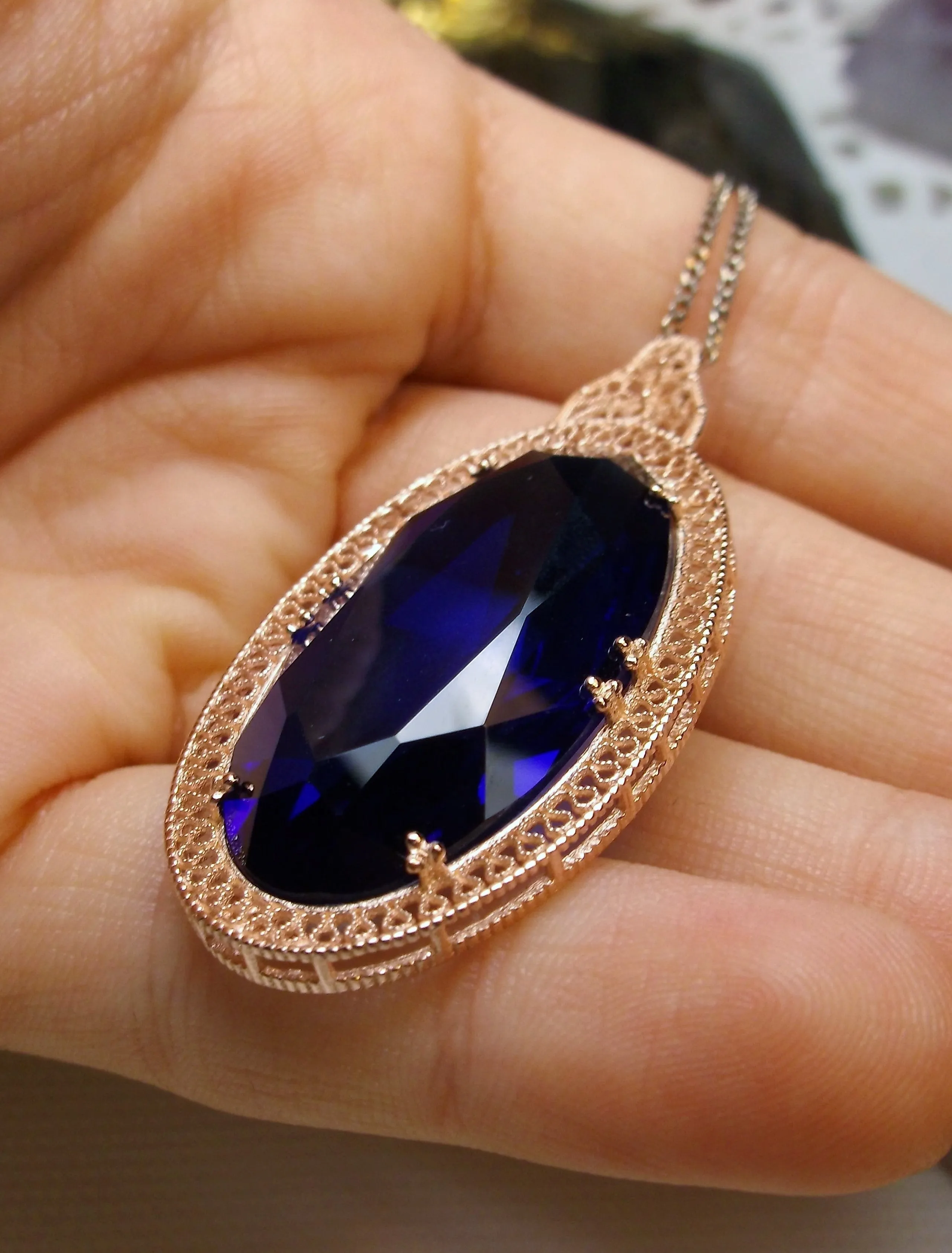 Sapphire Pendant, Rose Gold Art Deco Necklace #P31
