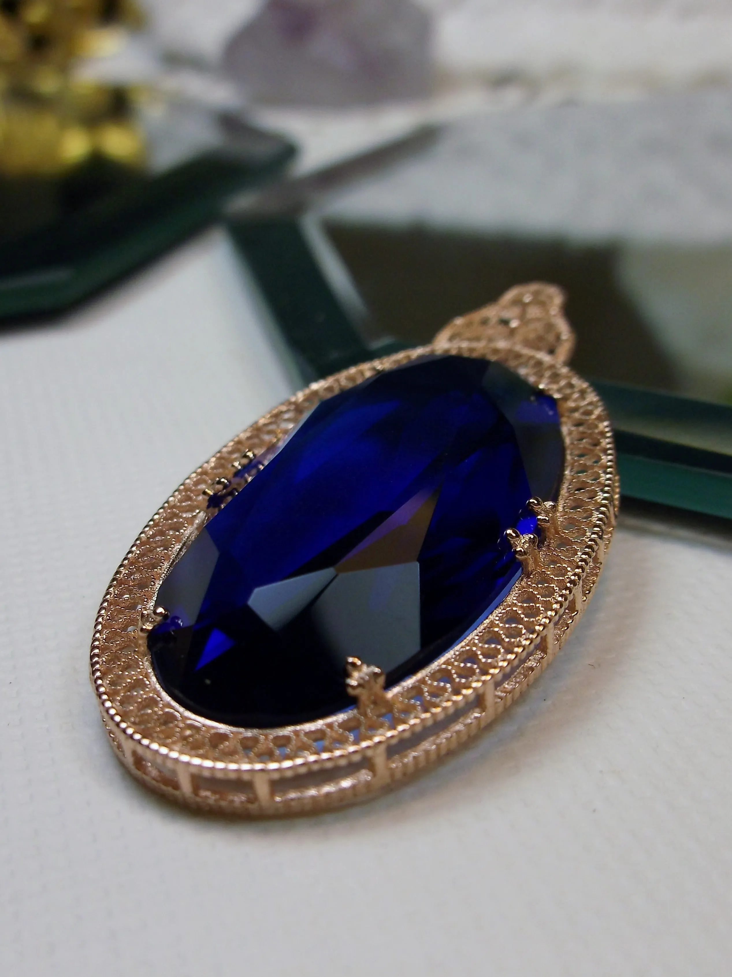 Sapphire Pendant, Rose Gold Art Deco Necklace #P31