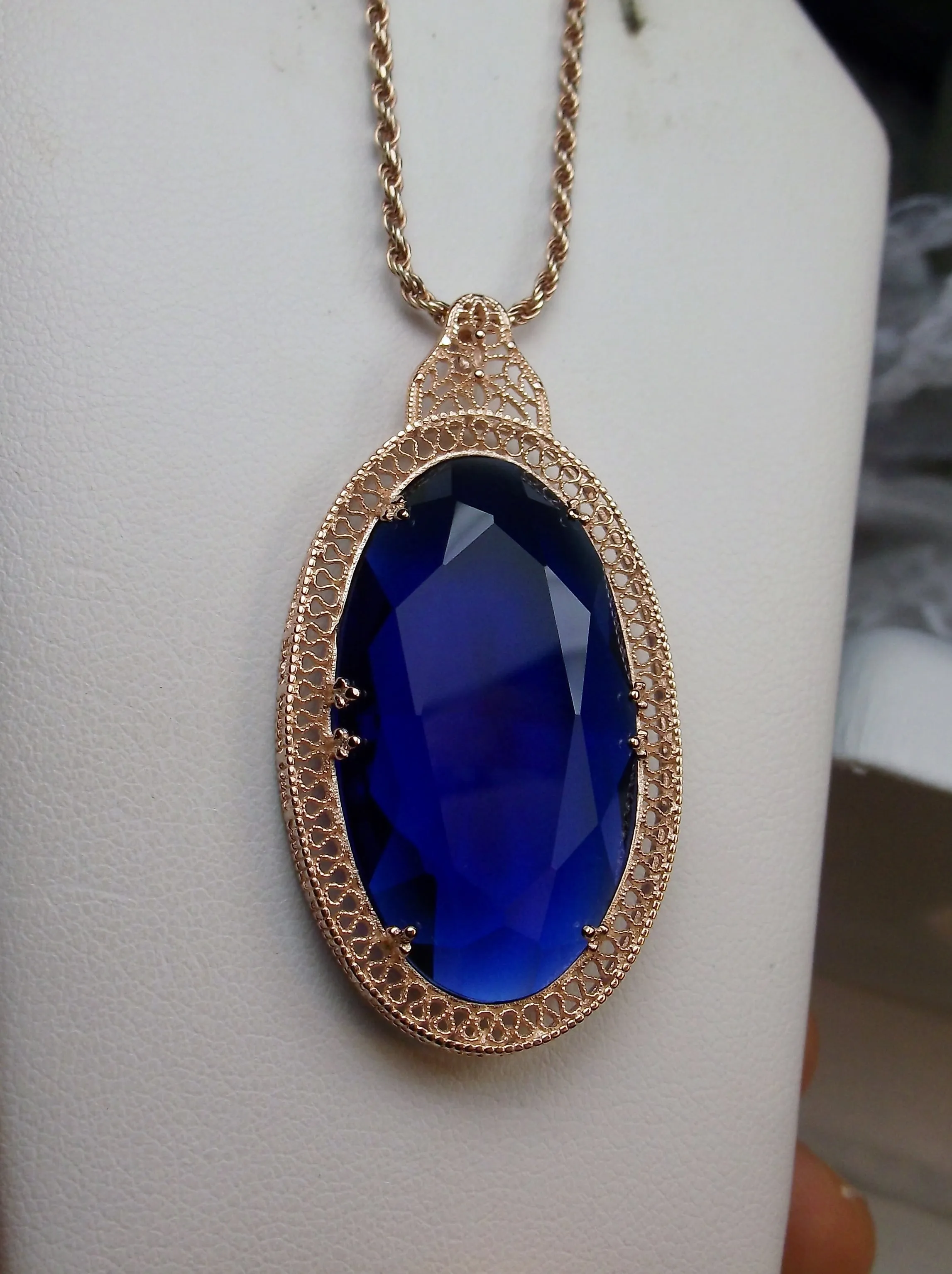 Sapphire Pendant, Rose Gold Art Deco Necklace #P31