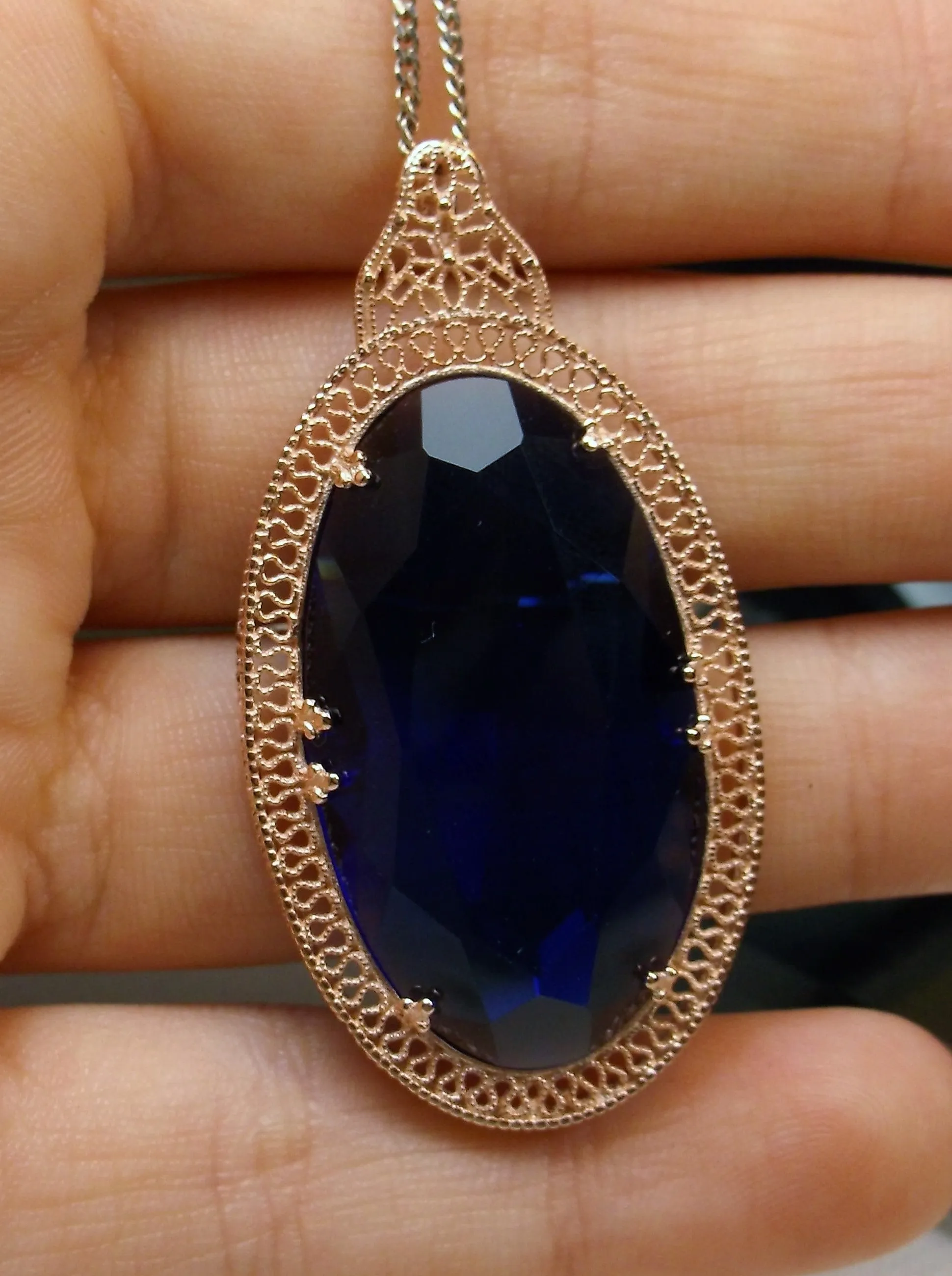 Sapphire Pendant, Rose Gold Art Deco Necklace #P31
