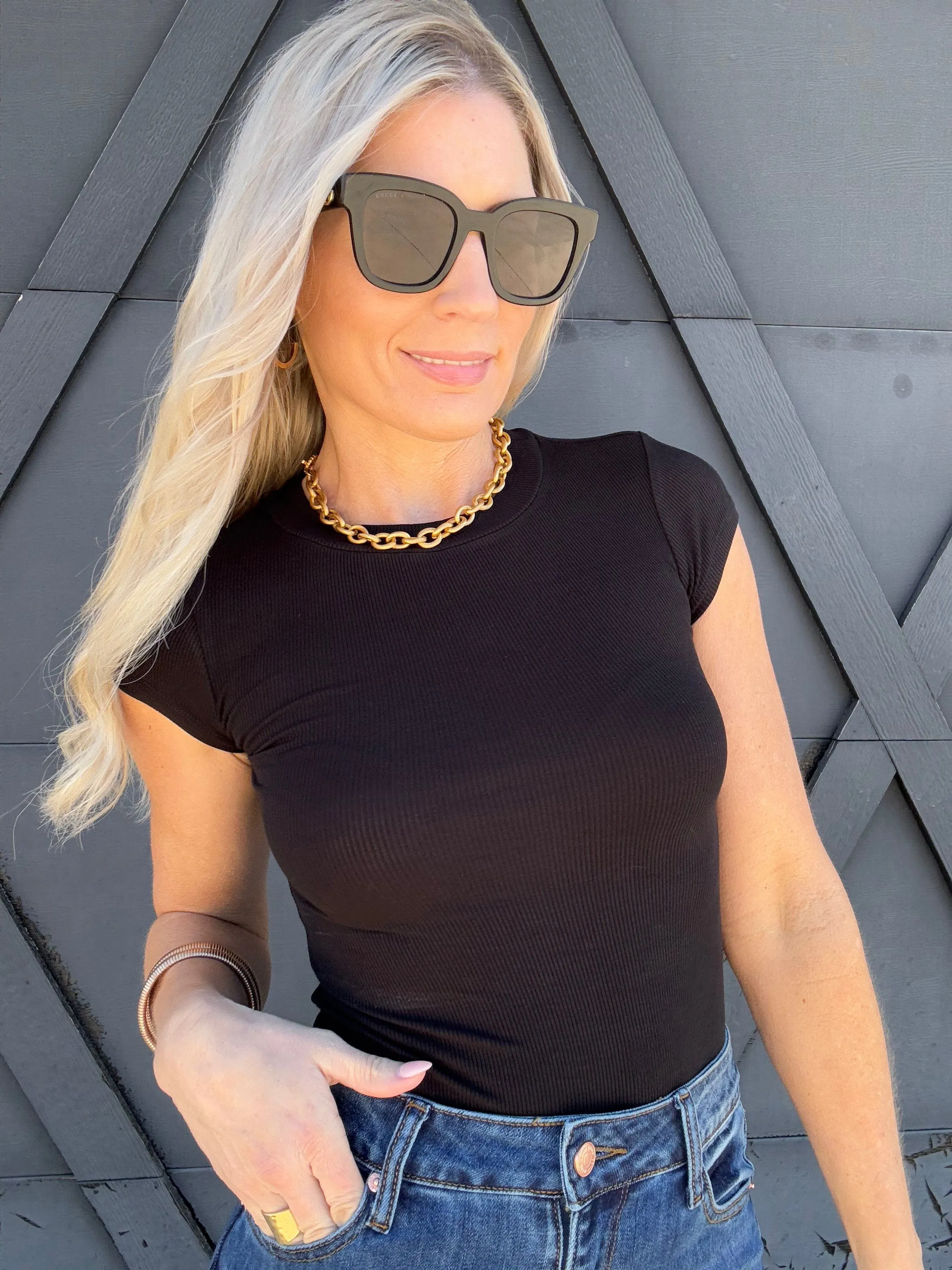Short Sleeve Knit Bodysuit In Black