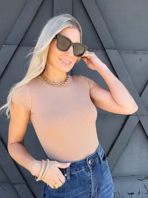 Short Sleeve Knit Bodysuit In Tan
