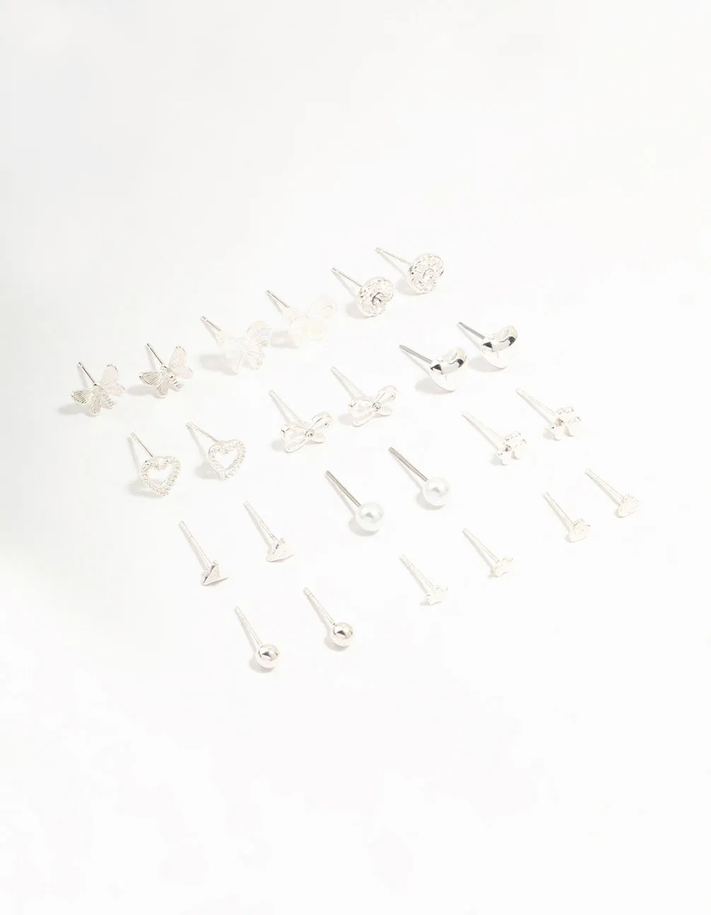 Silver Butterfly & Mixed Style Stud Earrings 12-Pack
