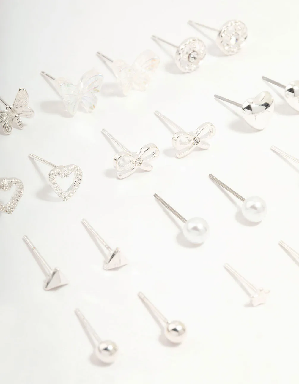 Silver Butterfly & Mixed Style Stud Earrings 12-Pack
