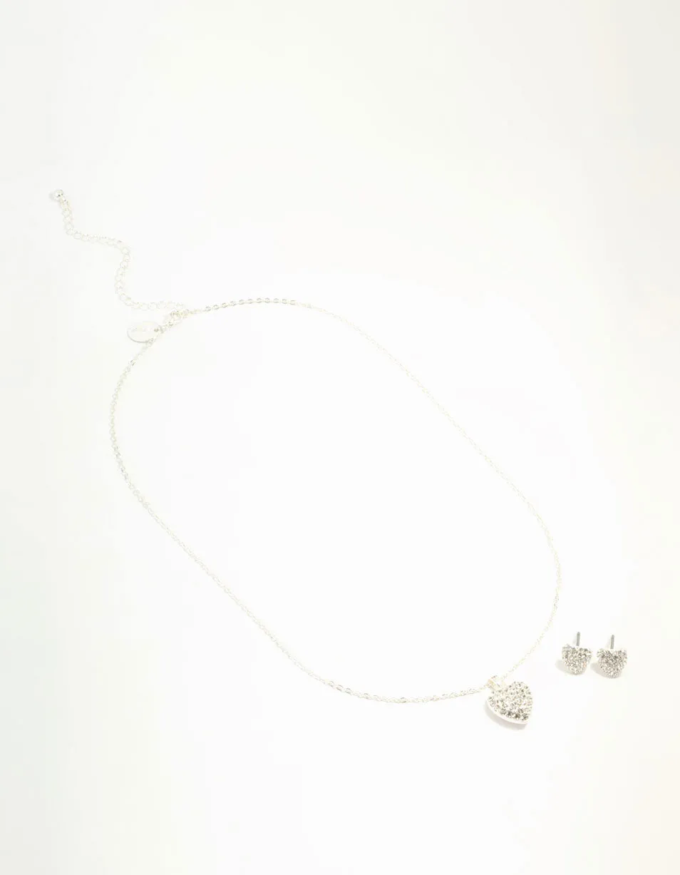 Silver Diamante Heart Necklace & Stud Earrings Set
