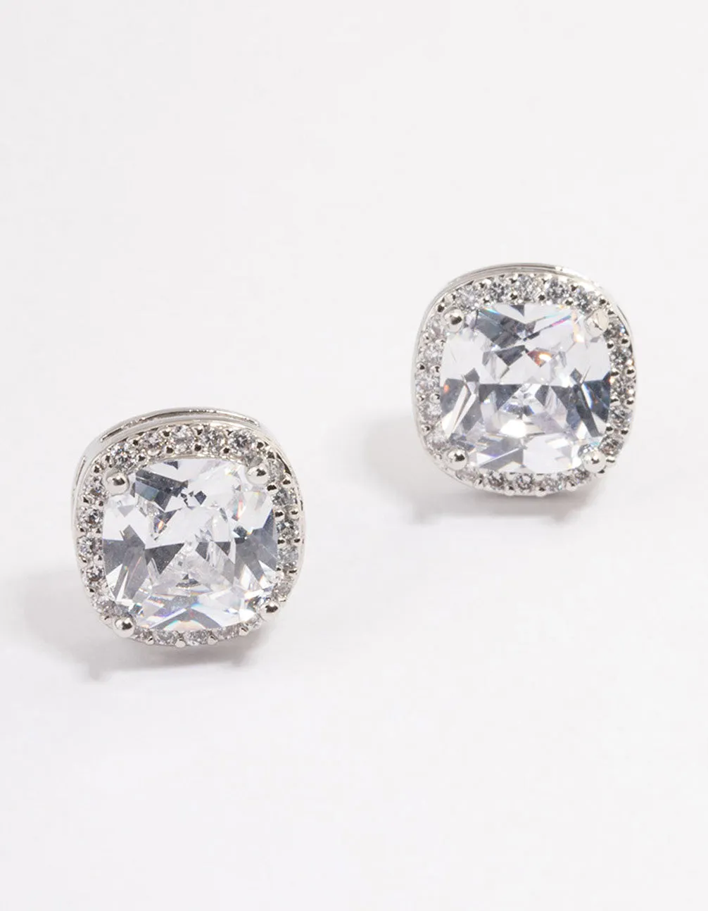 Silver Plated Cubic Zirconia Square Halo Stud Earrings