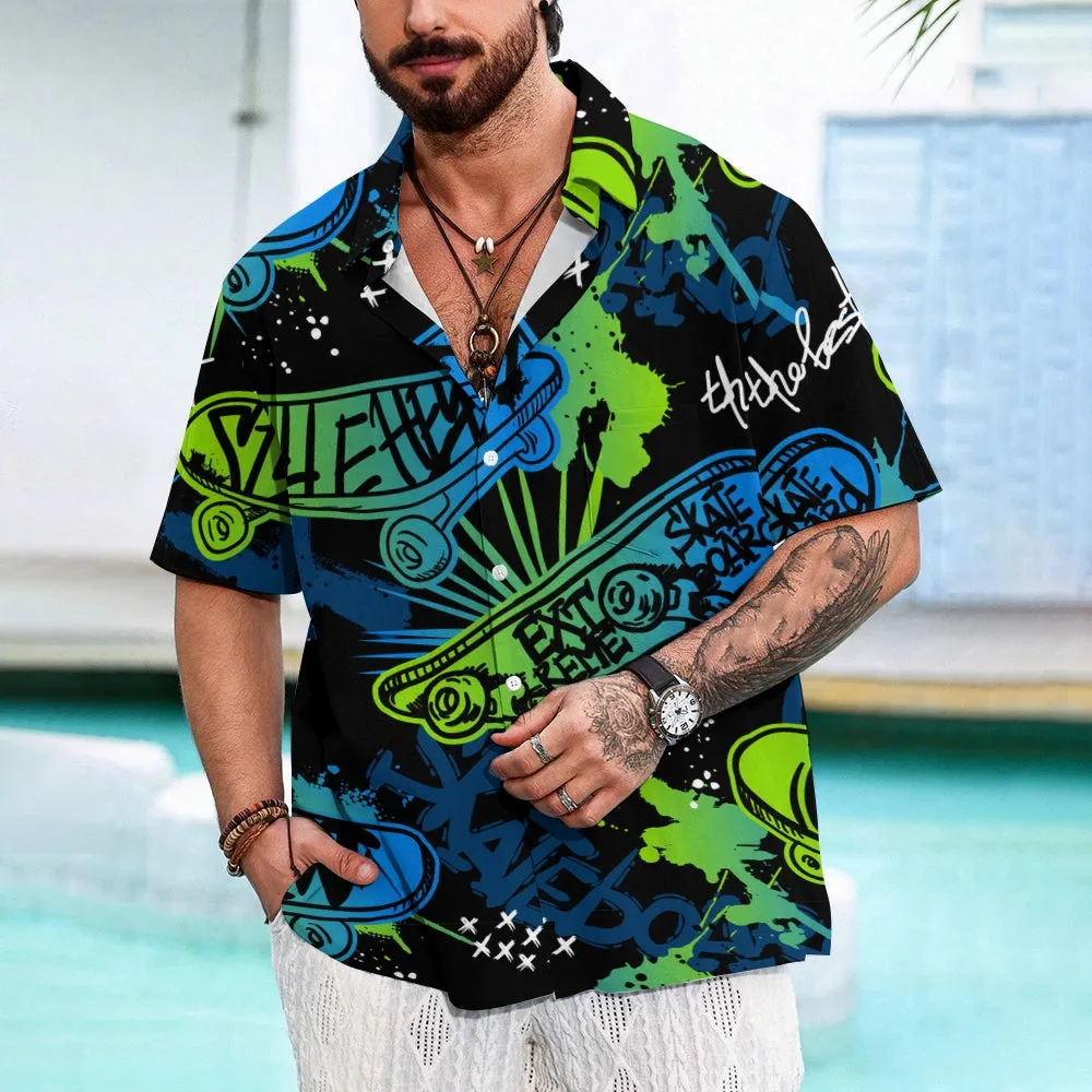 Skateboard Art Print Casual Oversized Short Sleeve Shirt 2406003433