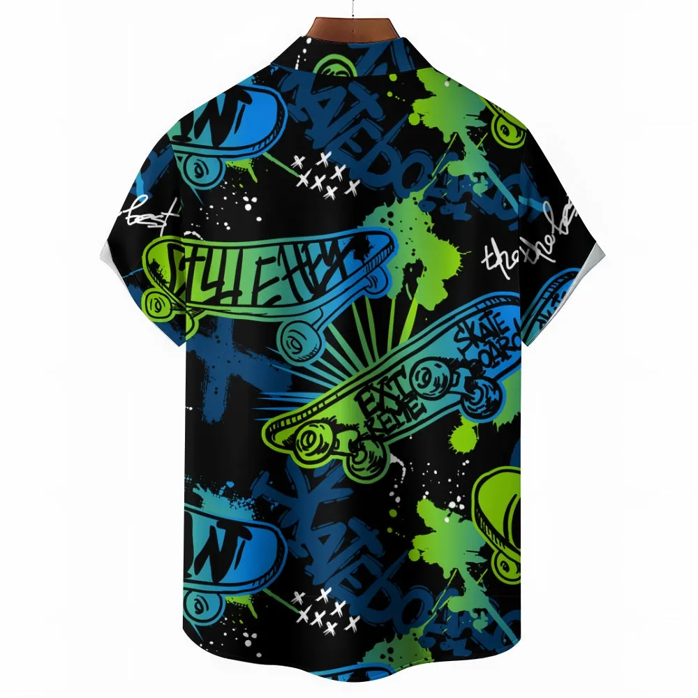 Skateboard Art Print Casual Oversized Short Sleeve Shirt 2406003433