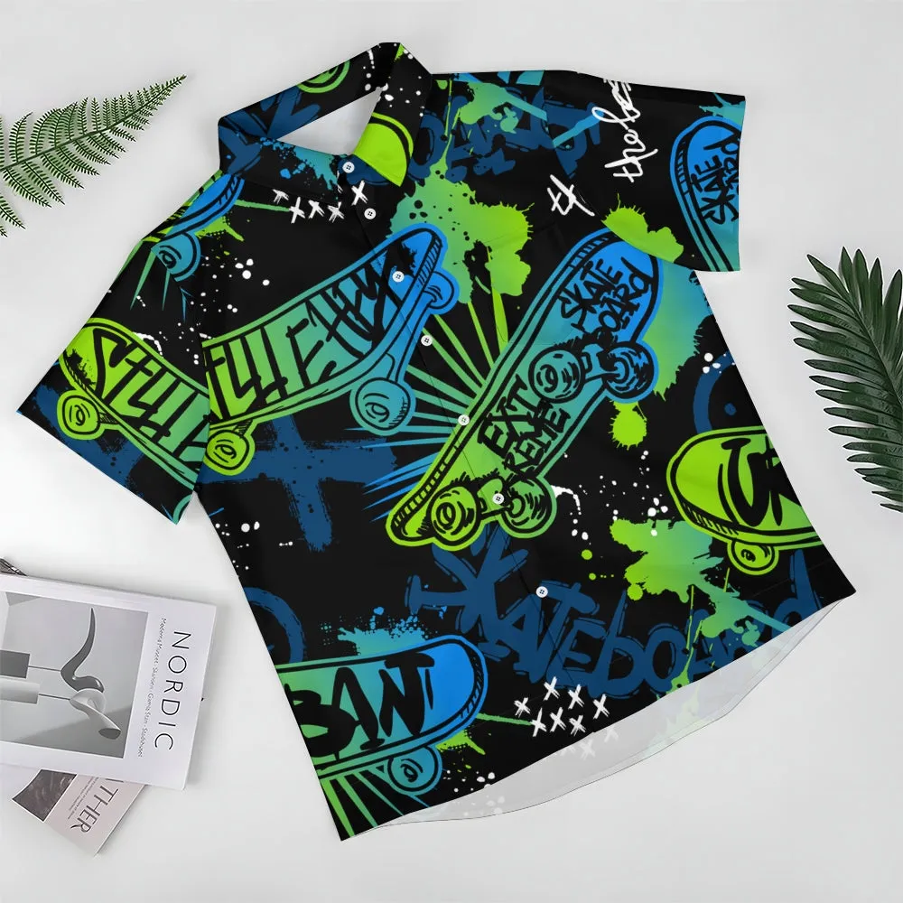 Skateboard Art Print Casual Oversized Short Sleeve Shirt 2406003433