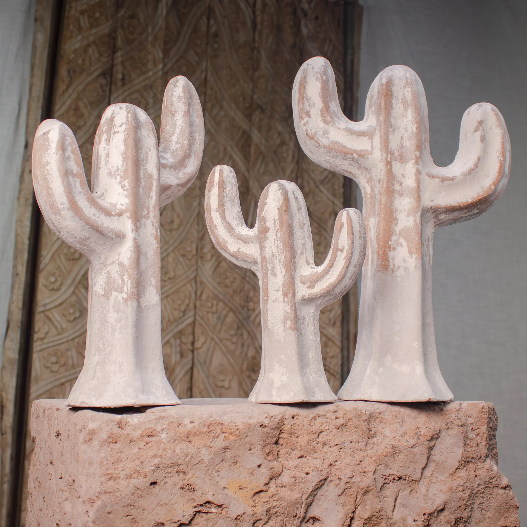 Sonoran Saguaros, Vintage Terracotta Sculptures Ashen White