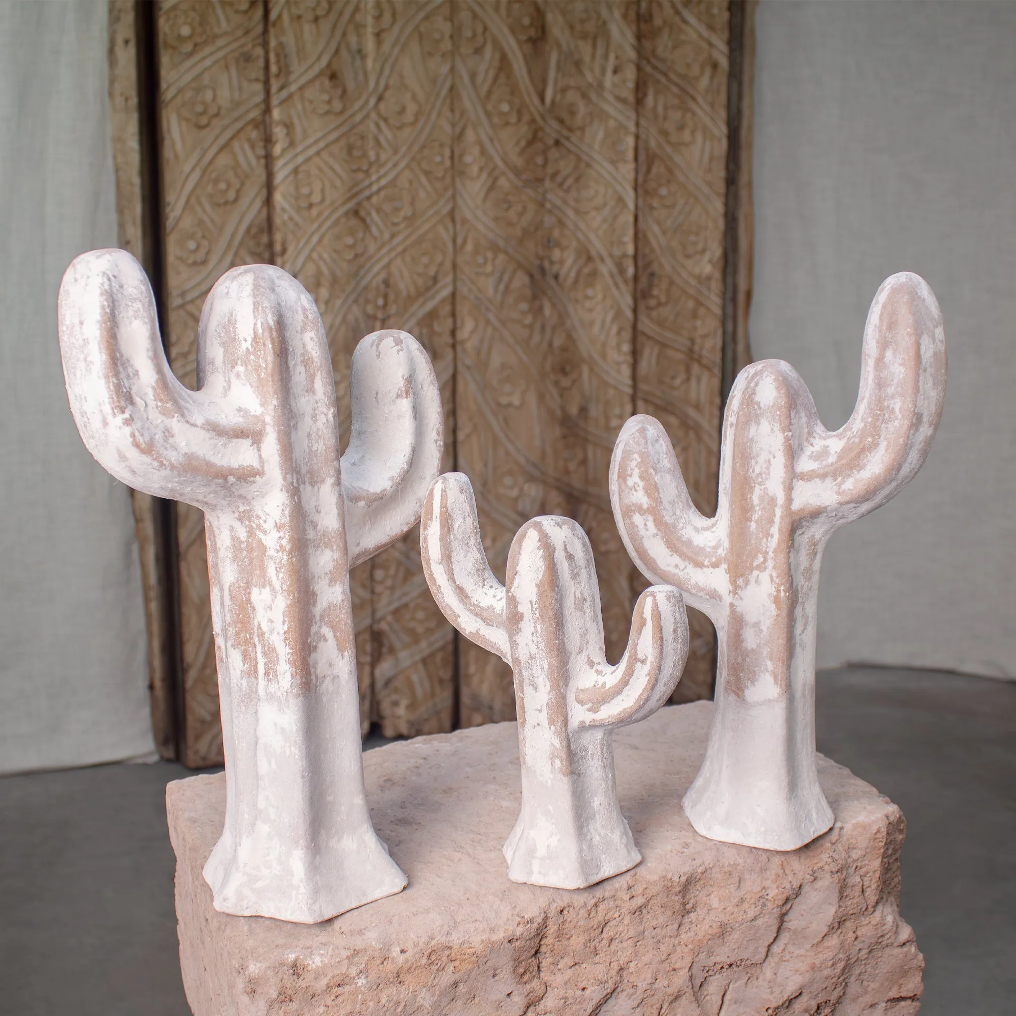 Sonoran Saguaros, Vintage Terracotta Sculptures Ashen White