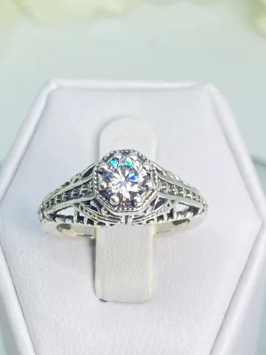 Sparkling White CZ Ring, Round Gem, Star Arch Art Deco Filigree, D165