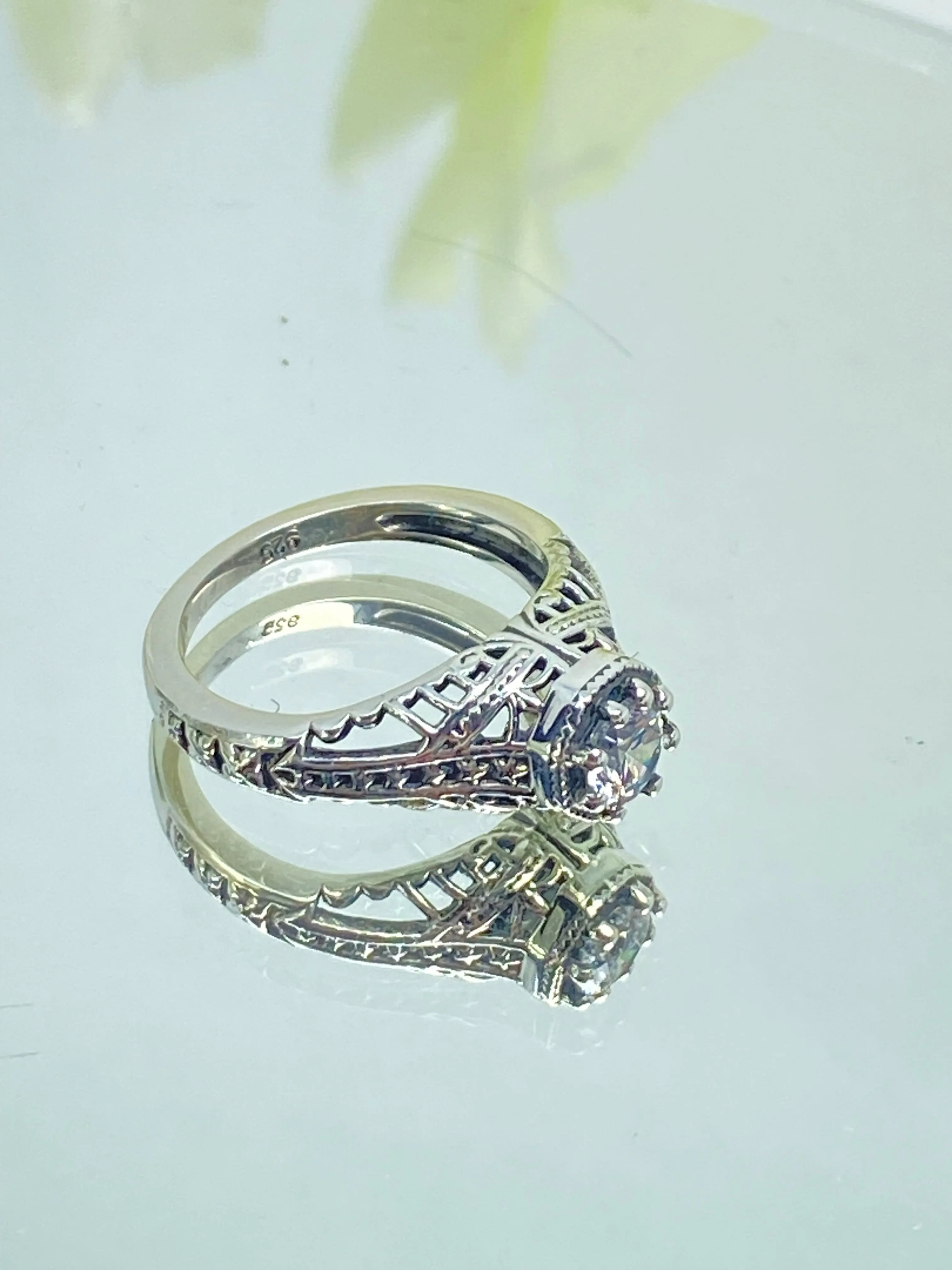 Sparkling White CZ Ring, Round Gem, Star Arch Art Deco Filigree, D165