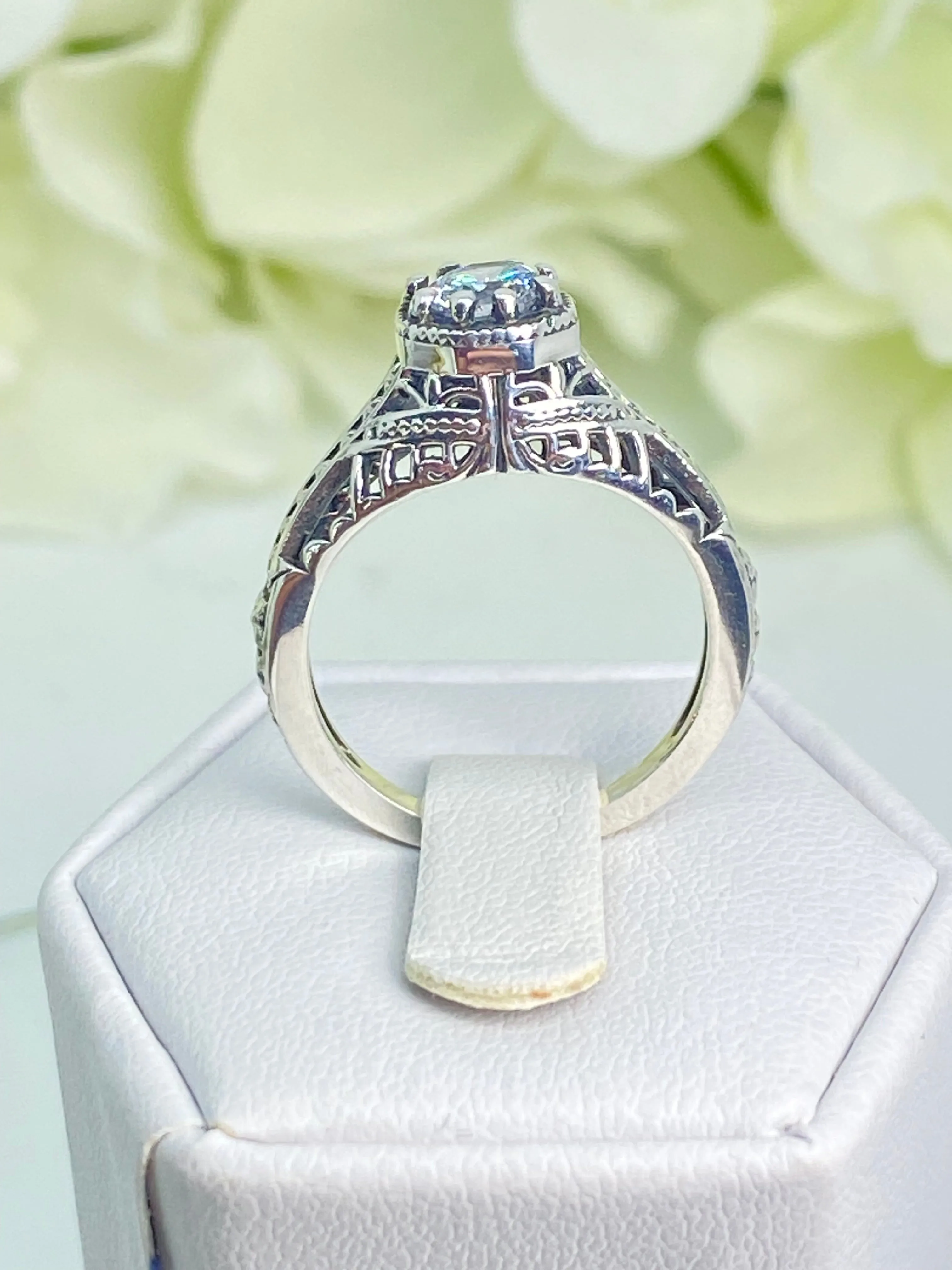 Sparkling White CZ Ring, Round Gem, Star Arch Art Deco Filigree, D165
