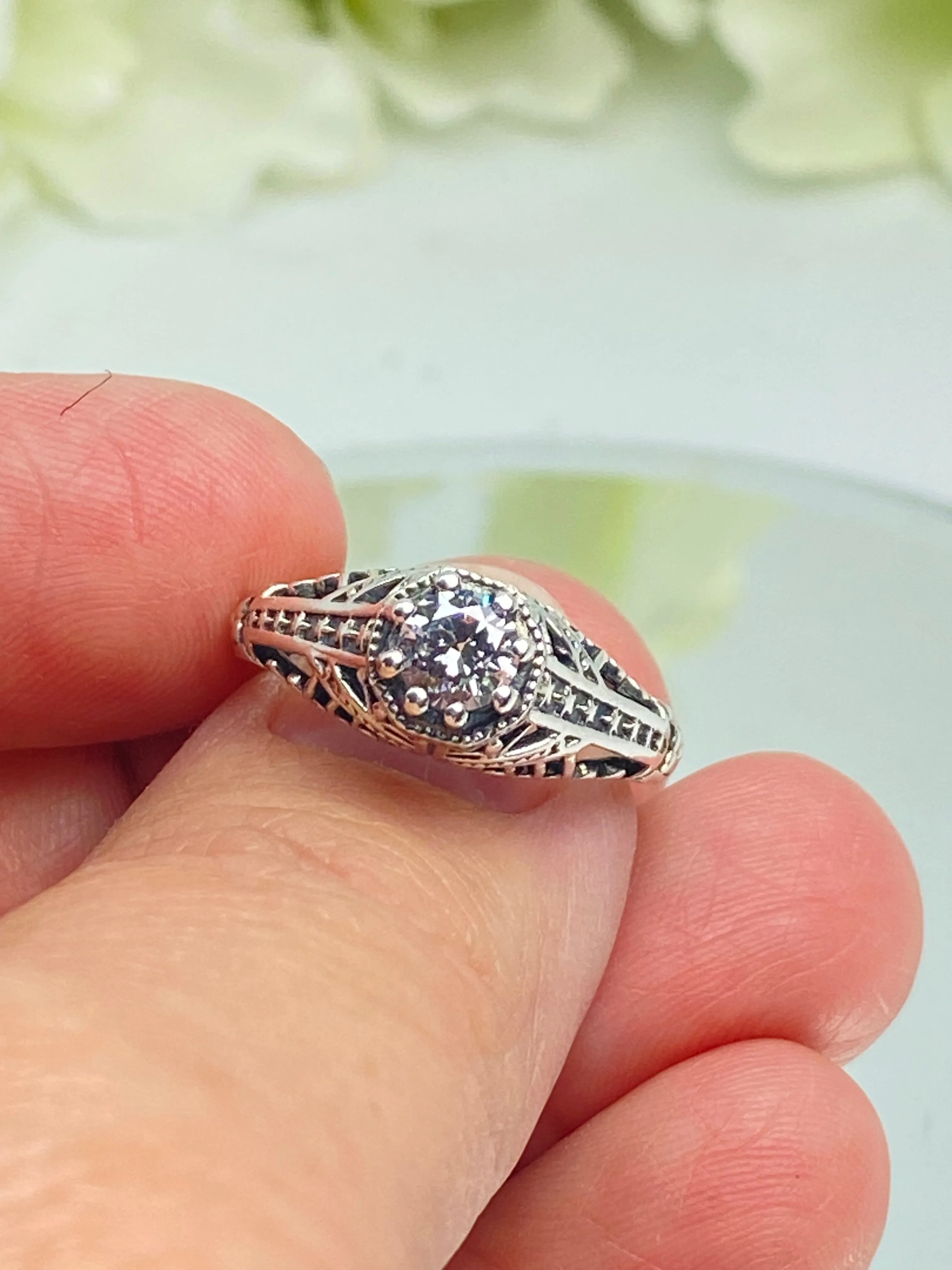 Sparkling White CZ Ring, Round Gem, Star Arch Art Deco Filigree, D165