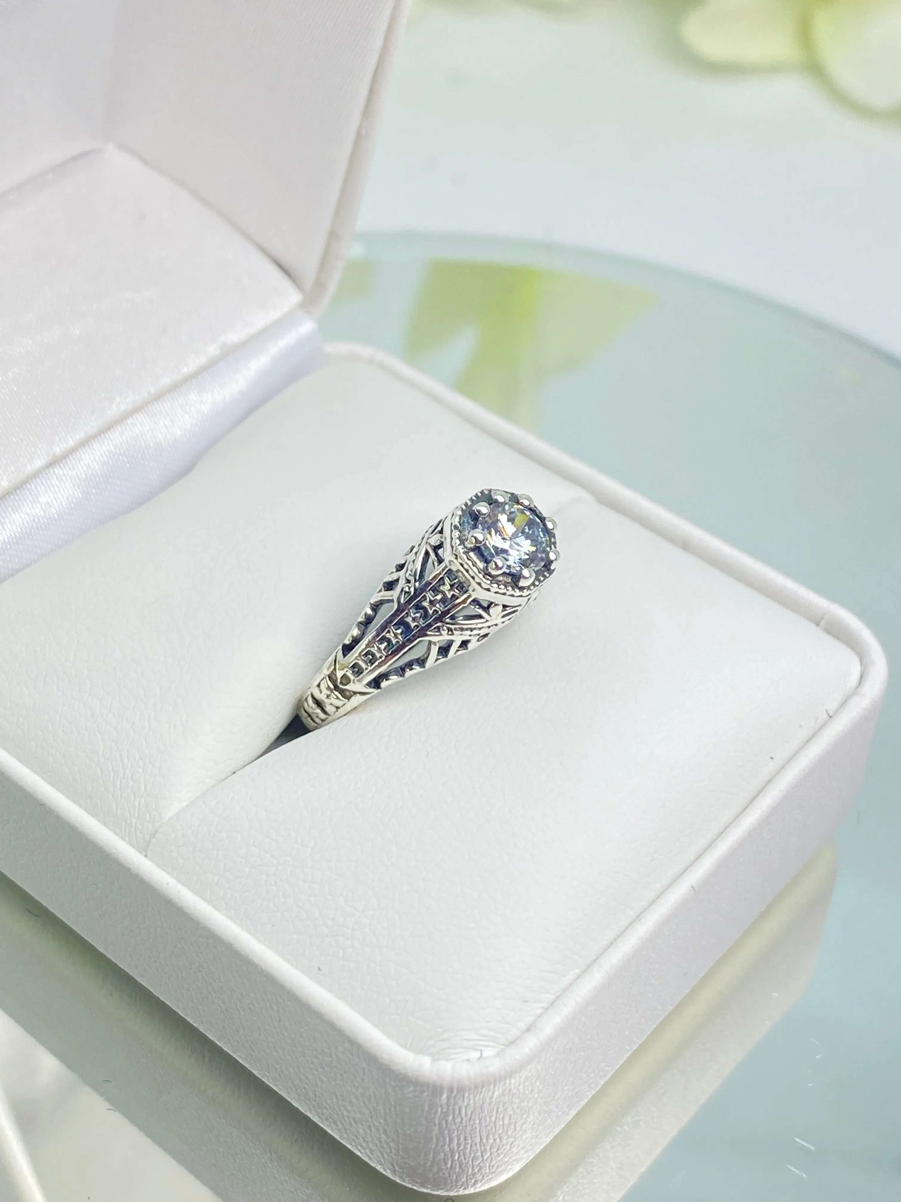 Sparkling White CZ Ring, Round Gem, Star Arch Art Deco Filigree, D165