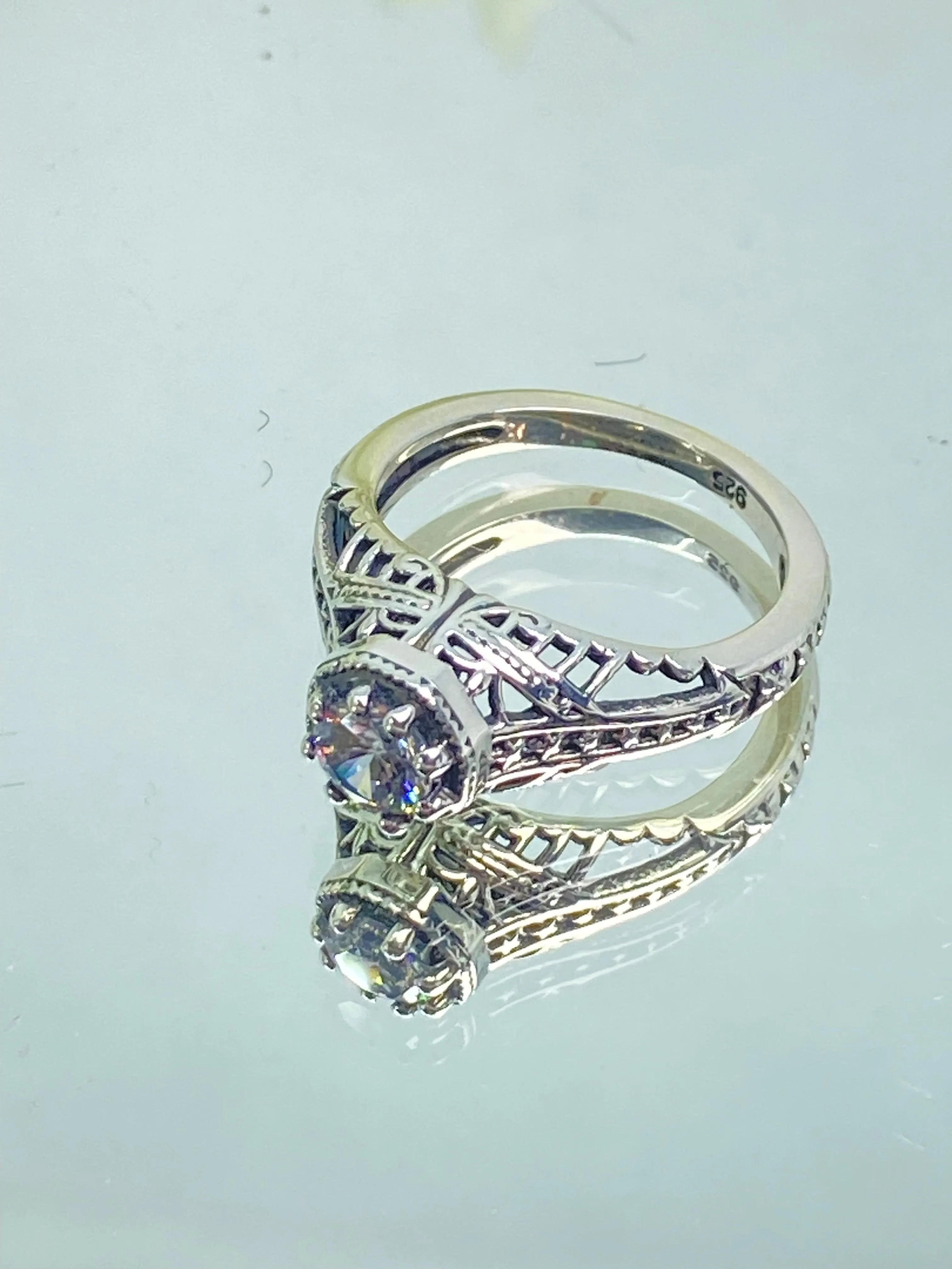 Sparkling White CZ Ring, Round Gem, Star Arch Art Deco Filigree, D165