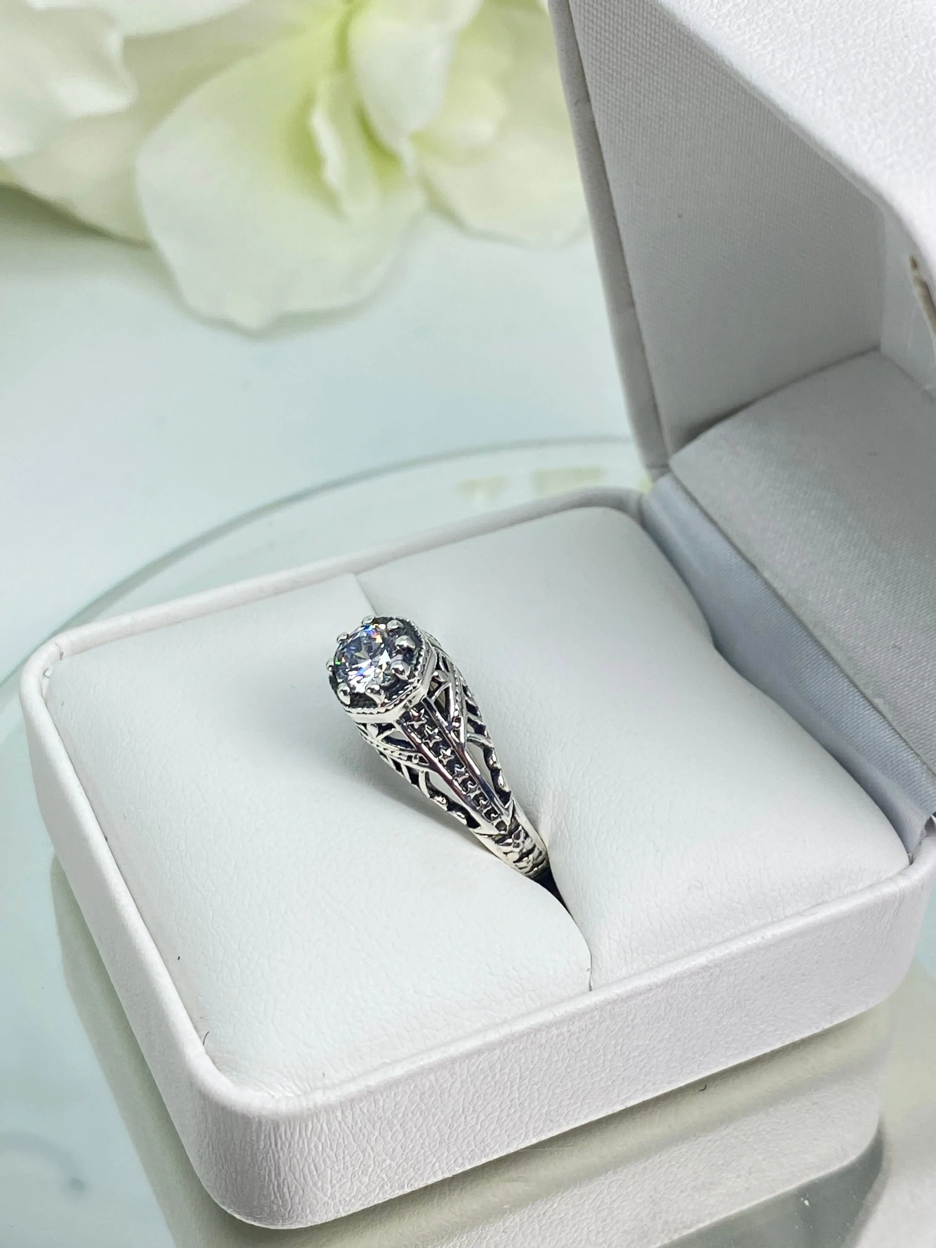 Sparkling White CZ Ring, Round Gem, Star Arch Art Deco Filigree, D165