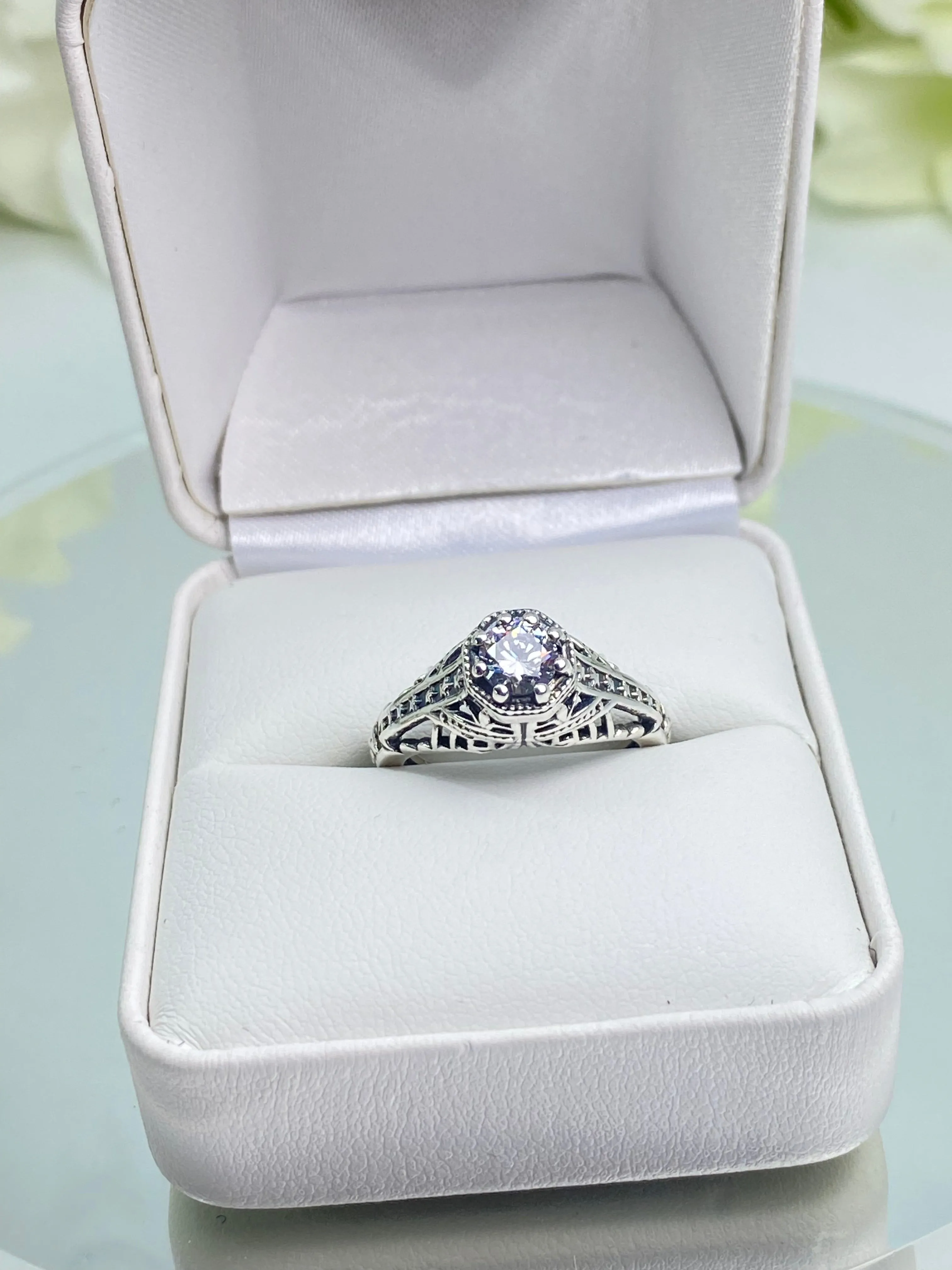 Sparkling White CZ Ring, Round Gem, Star Arch Art Deco Filigree, D165