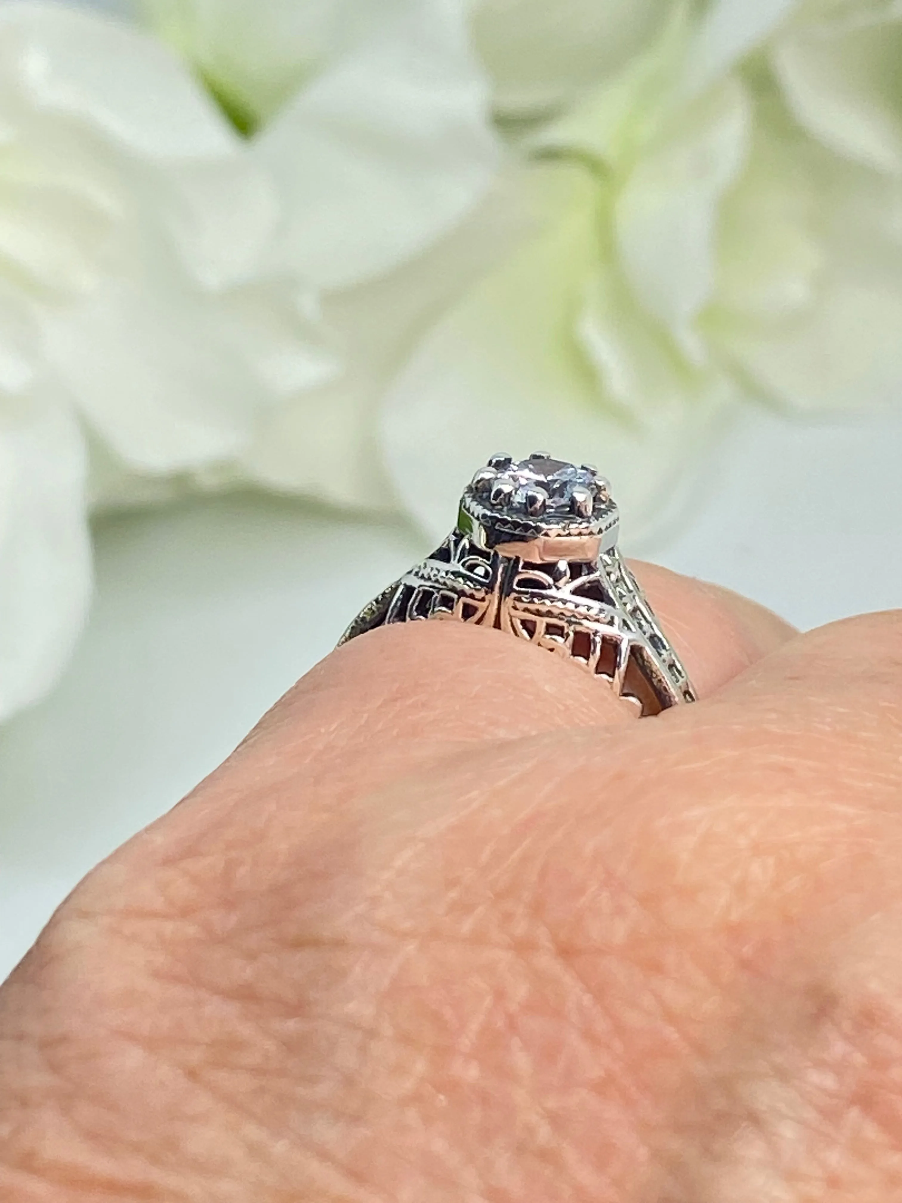 Sparkling White CZ Ring, Round Gem, Star Arch Art Deco Filigree, D165