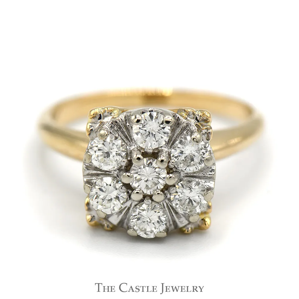 Square Shaped 1cttw 7 Diamond Cluster Ring in 14k Yellow Gold