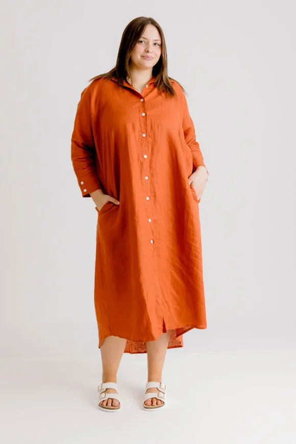 St Tropez Linen Shirt Dress - Rust