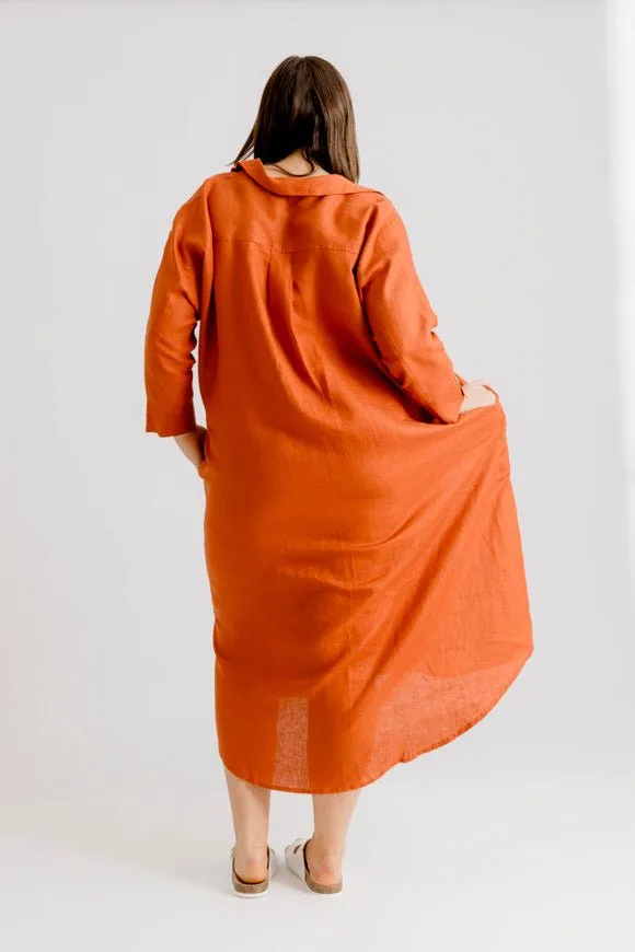 St Tropez Linen Shirt Dress - Rust