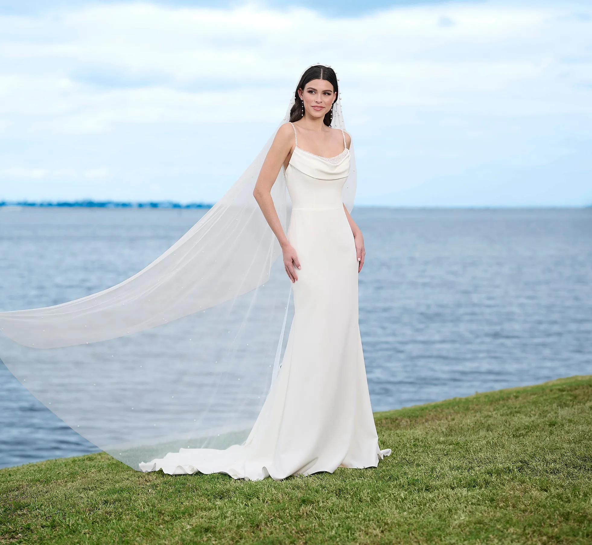 Stretch Crepe Gown With Cowl Drapes In Ivory Nude