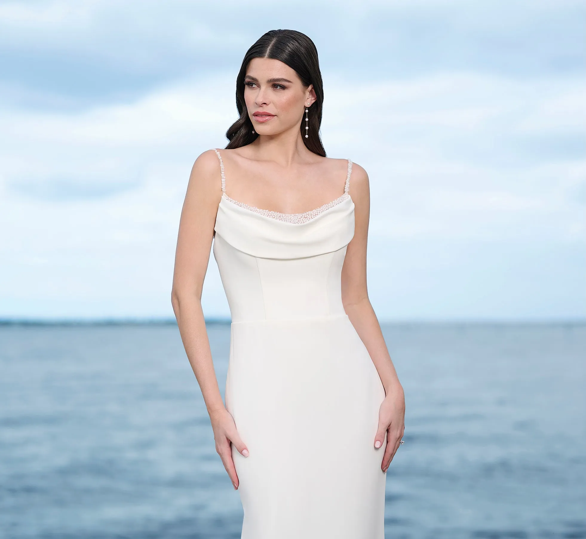 Stretch Crepe Gown With Cowl Drapes In Ivory Nude