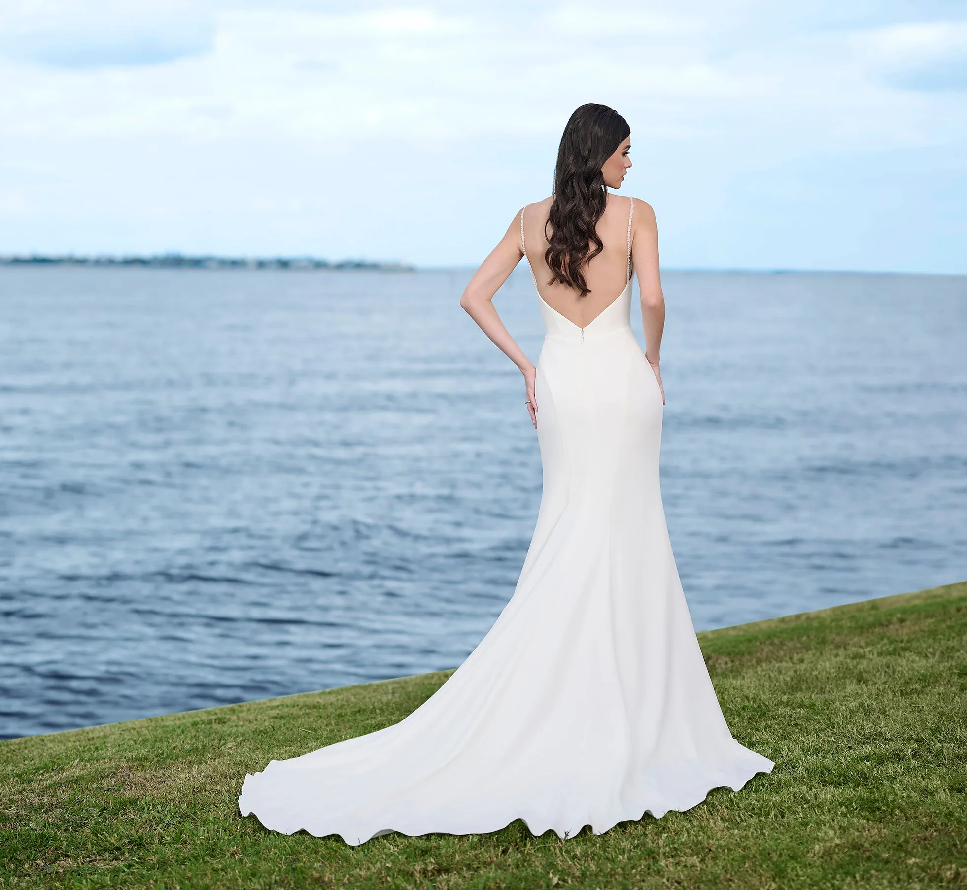 Stretch Crepe Gown With Cowl Drapes In Ivory Nude