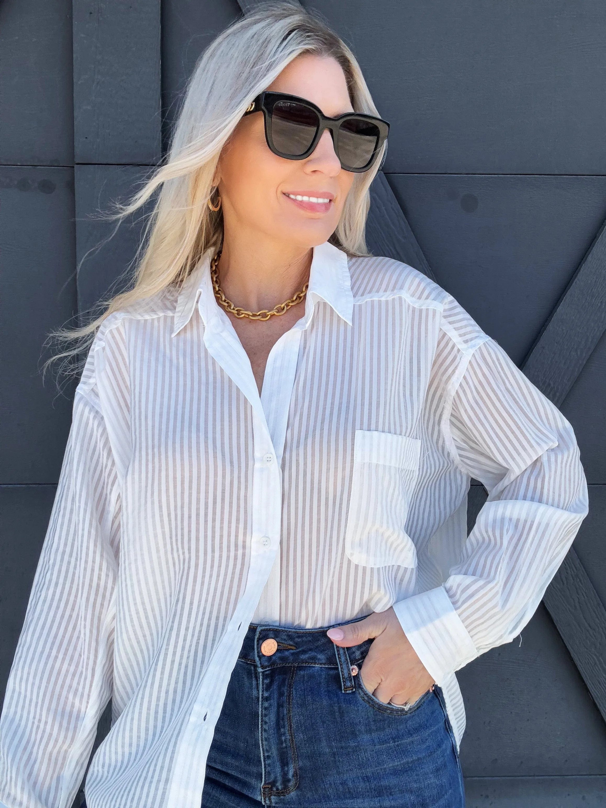 Stripe Oversized Button Down In White