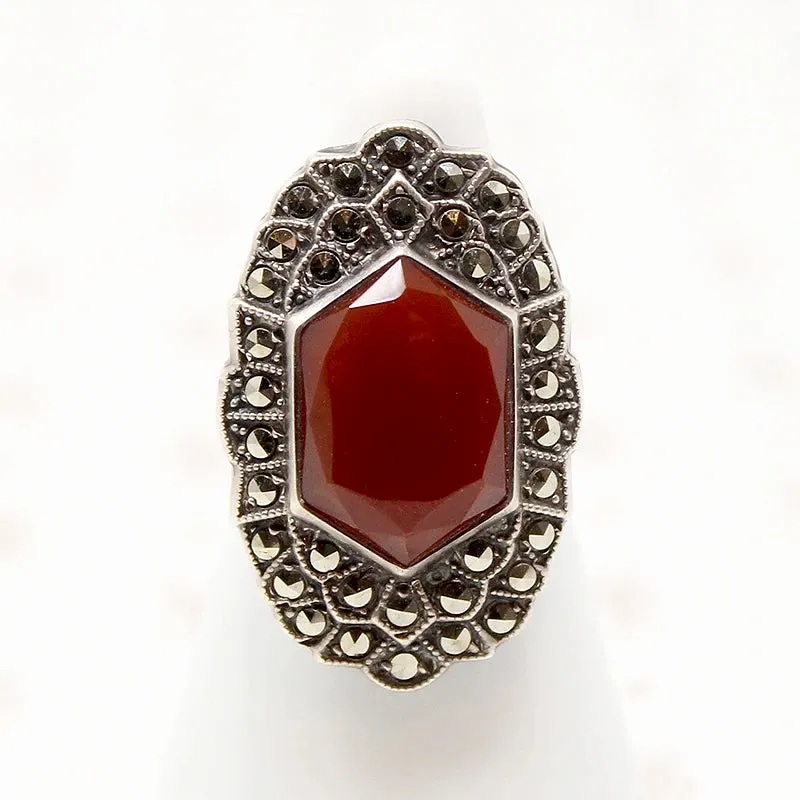 Stunning Carnelian & Marcasite Sterling Art Deco Ring