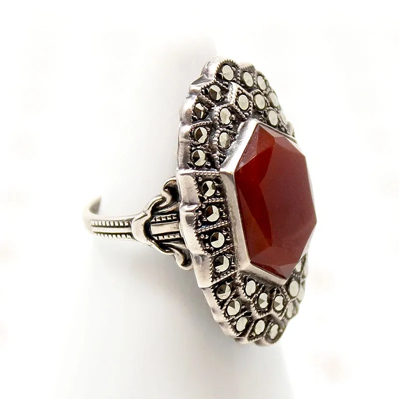 Stunning Carnelian & Marcasite Sterling Art Deco Ring