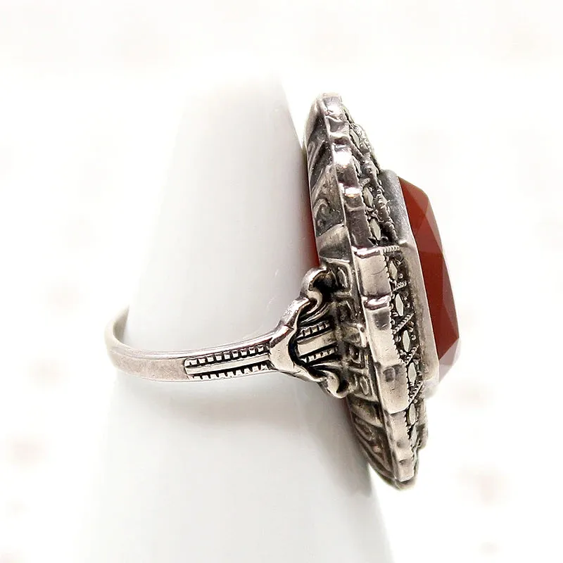 Stunning Carnelian & Marcasite Sterling Art Deco Ring
