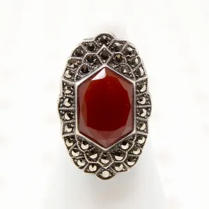 Stunning Carnelian & Marcasite Sterling Art Deco Ring