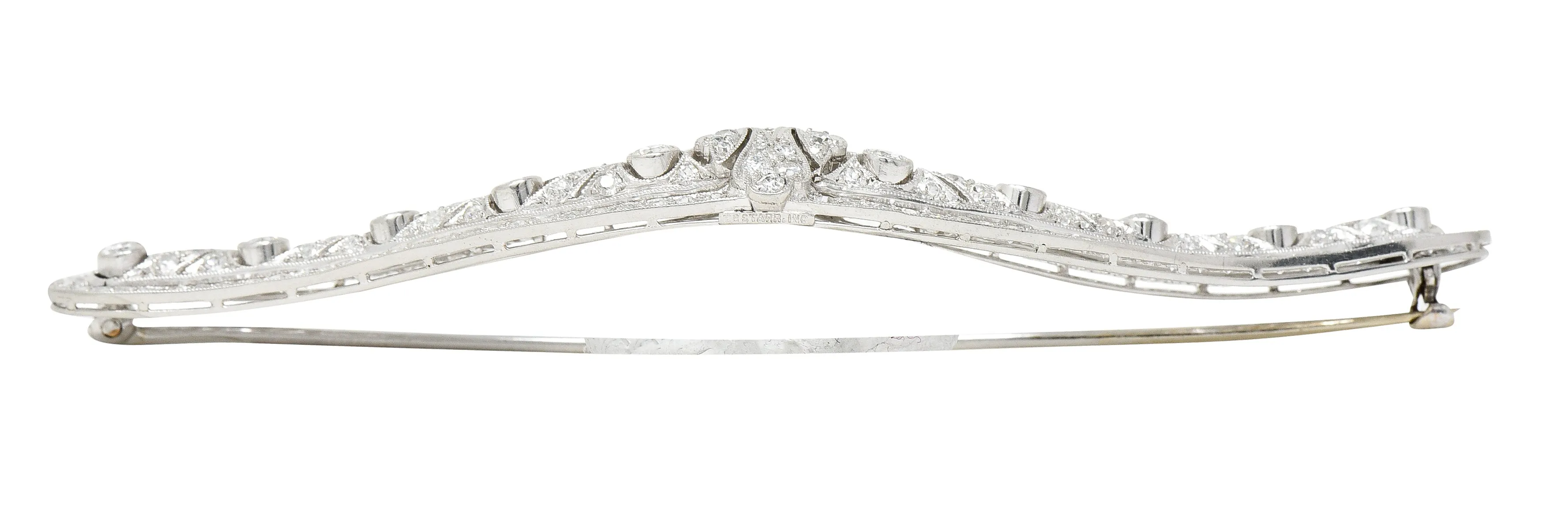 Substantial T.B. & Starr Inc. Edwardian 4.70 CTW Diamond 14 Karat Gold Antique Curved Bar Brooch