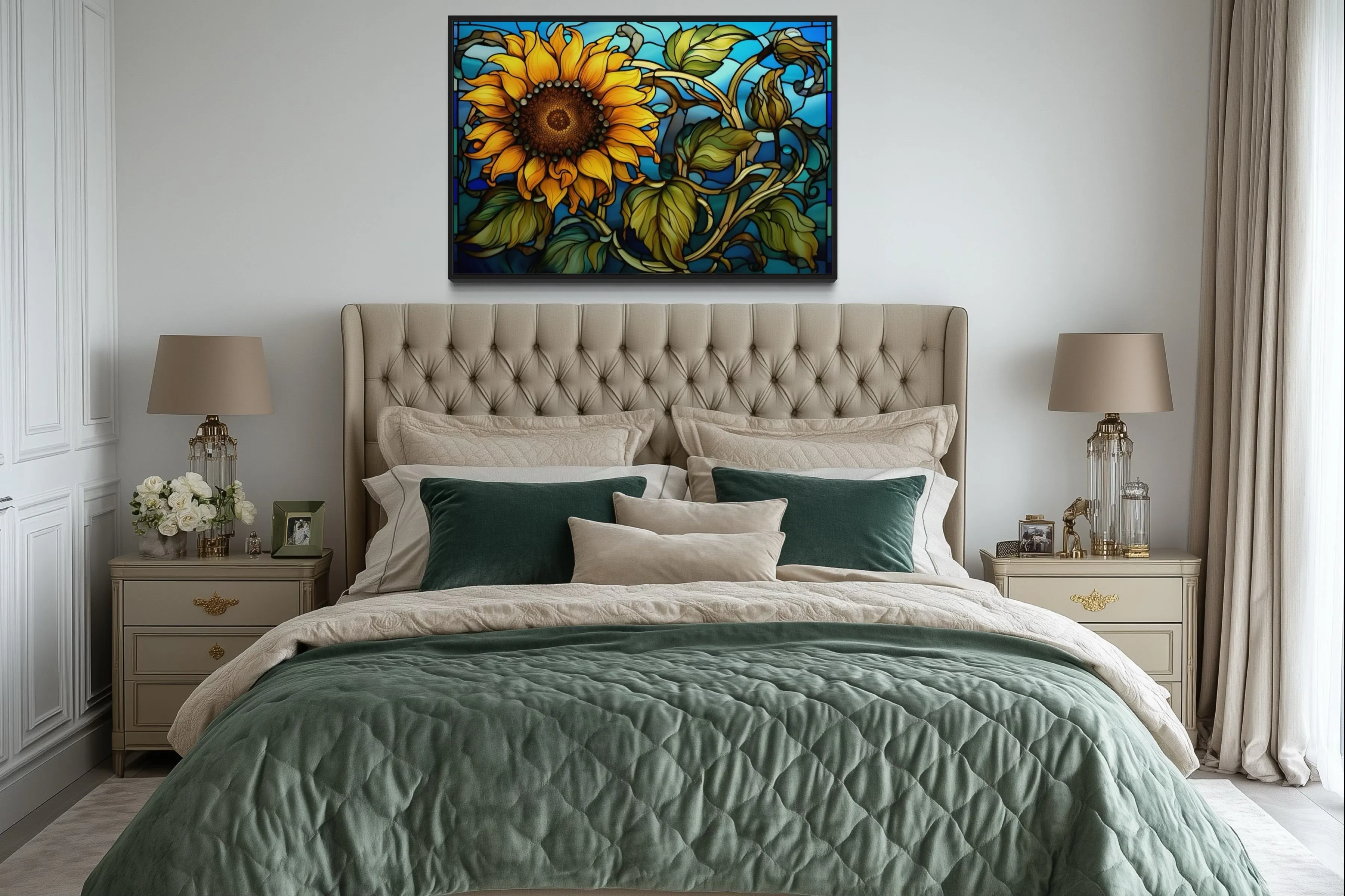 Sunflower Stained Glass Art Deco Style Framed Canvas Wall Art