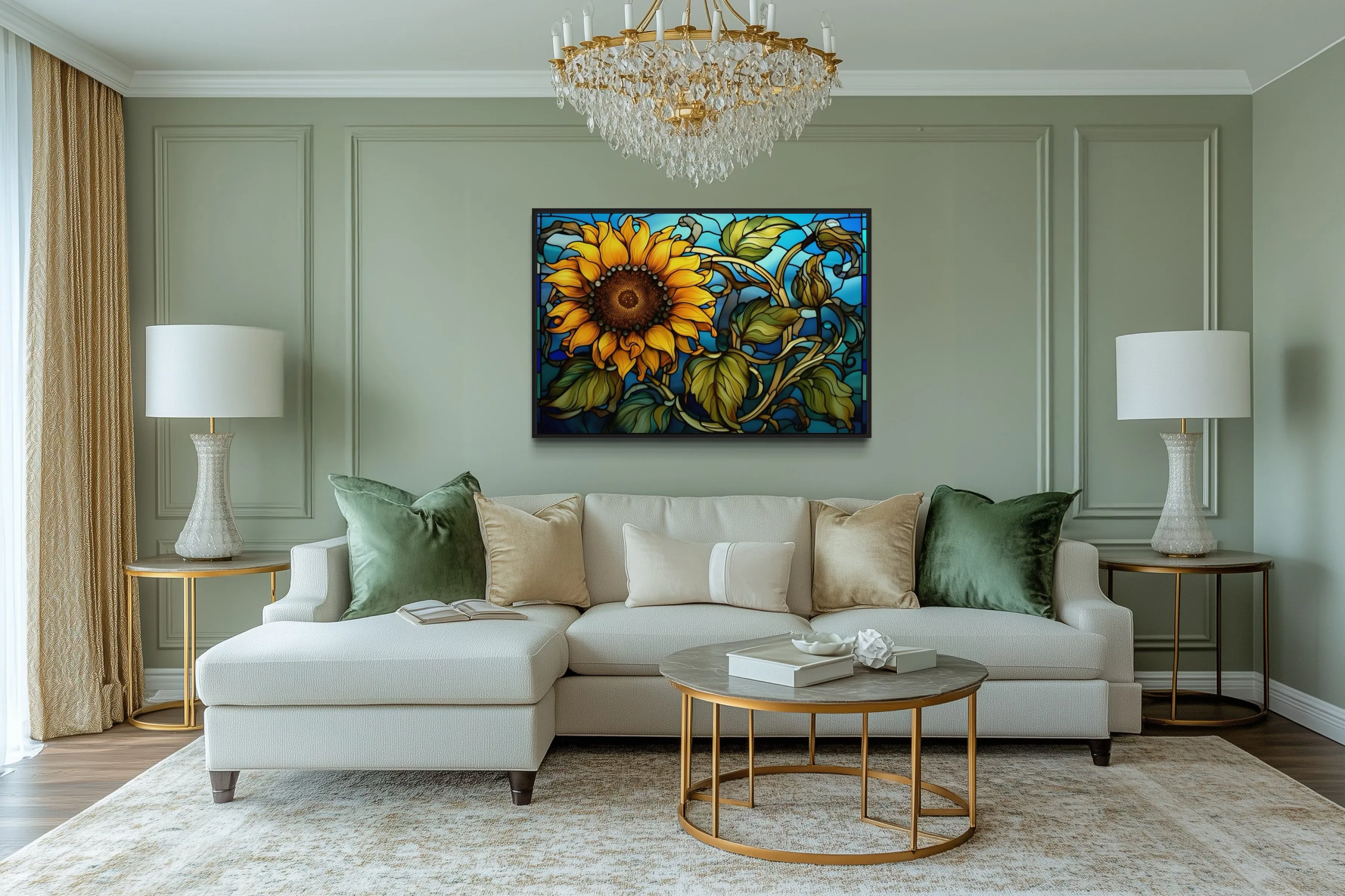 Sunflower Stained Glass Art Deco Style Framed Canvas Wall Art