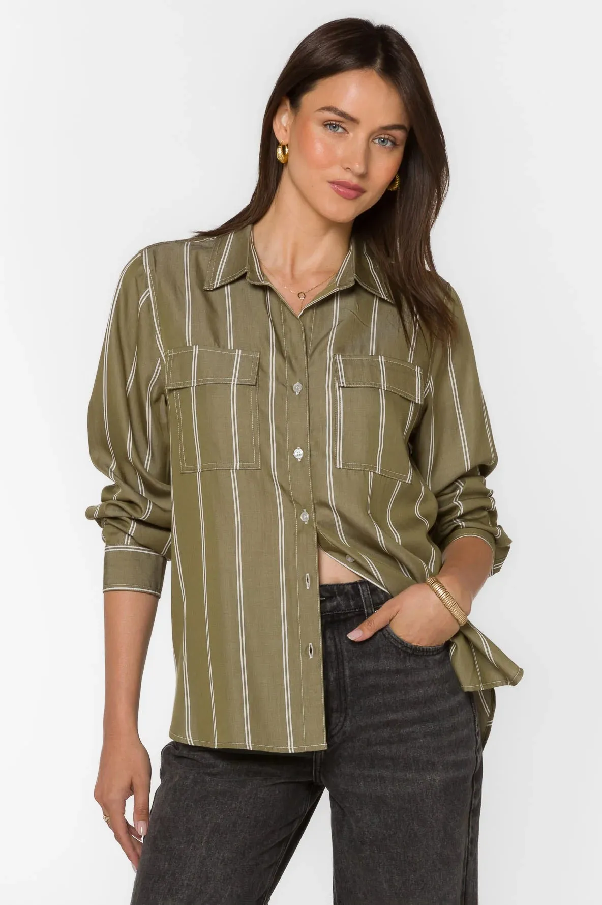 Talma Blouse in Pesto Green Stripe
