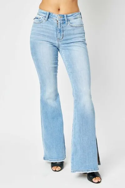 The Kincaid- Mid Rise Raw Hem Slit Flare Judy Blue Jeans