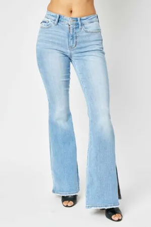 The Kincaid- Mid Rise Raw Hem Slit Flare Judy Blue Jeans