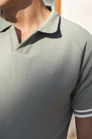 Tipped Textured Open Collar Polo Shirt in Soft Khaki