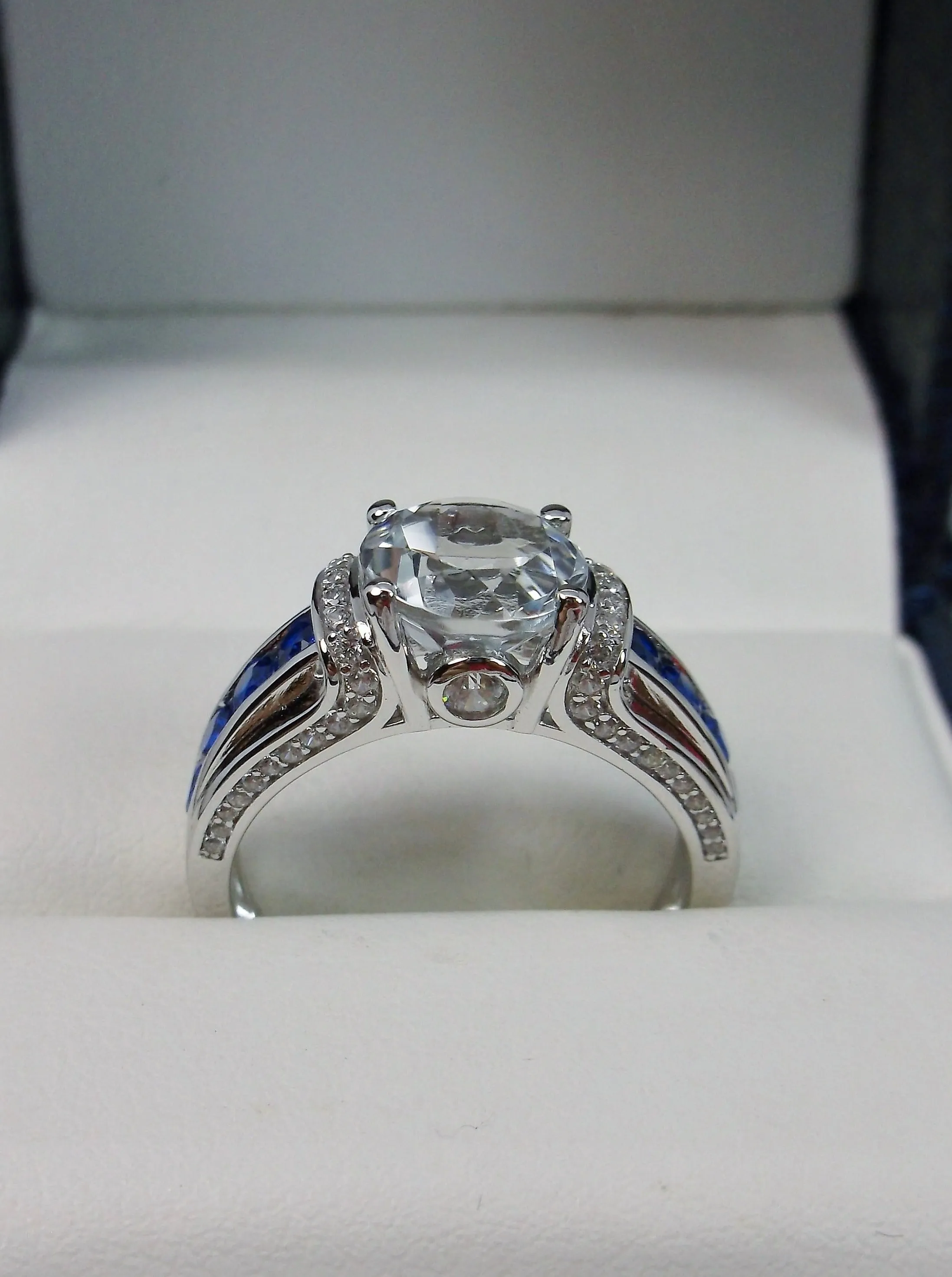 Topaz Ring, Natural White Topaz & Blue Sapphire Accents , Art Deco Jewelry #D220