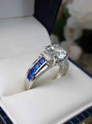 Topaz Ring, Natural White Topaz & Blue Sapphire Accents , Art Deco Jewelry #D220