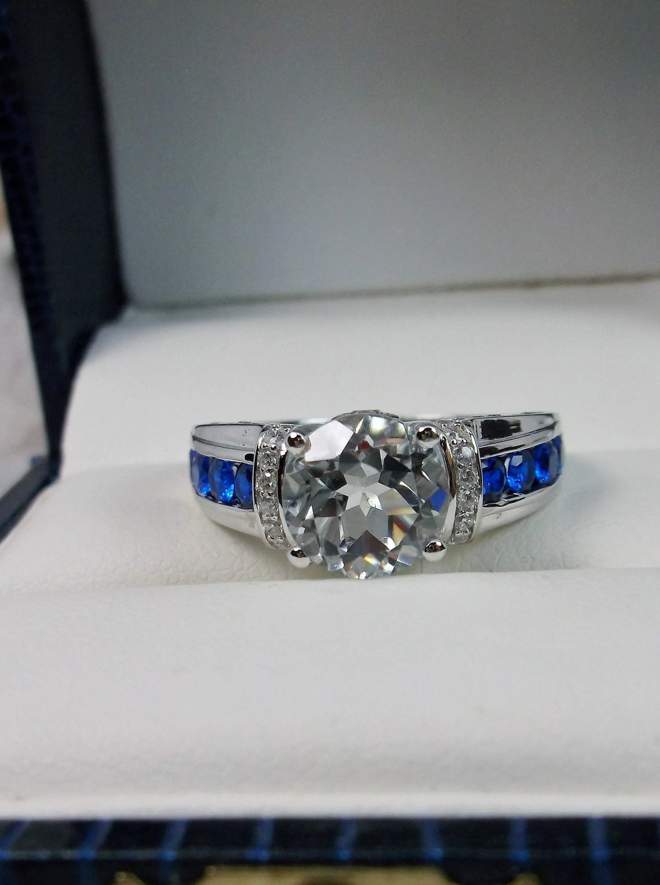 Topaz Ring, Natural White Topaz & Blue Sapphire Accents , Art Deco Jewelry #D220