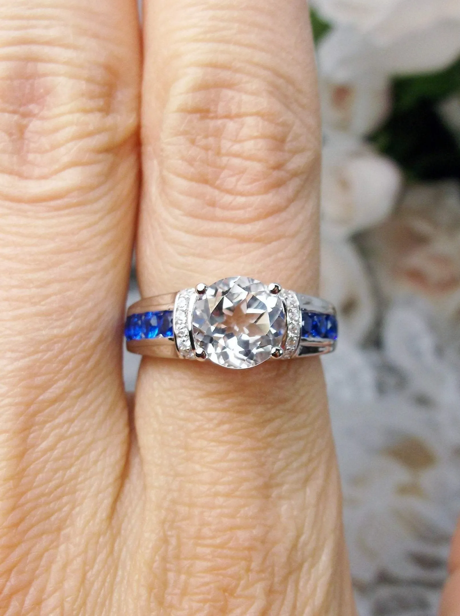 Topaz Ring, Natural White Topaz & Blue Sapphire Accents , Art Deco Jewelry #D220