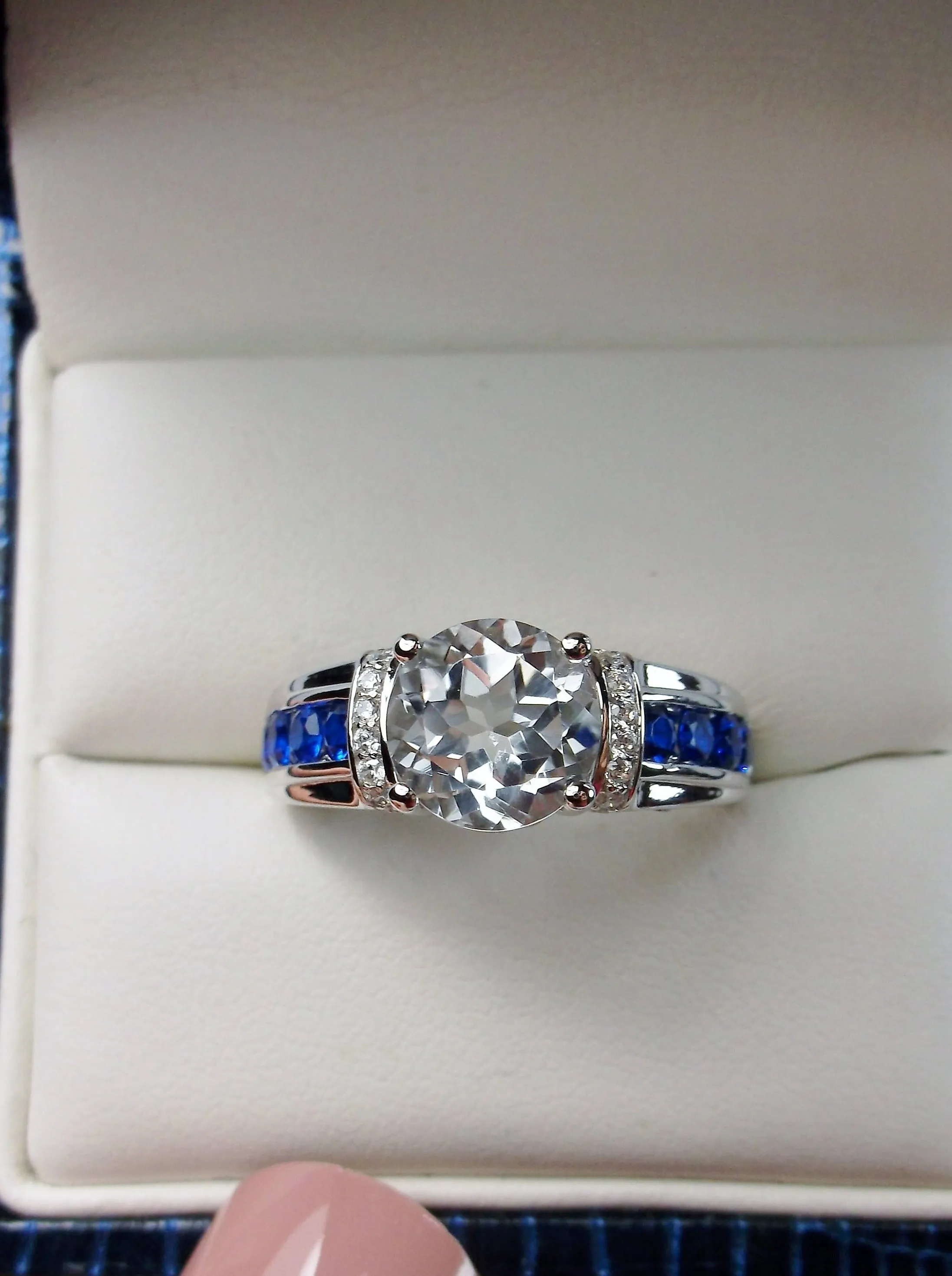Topaz Ring, Natural White Topaz & Blue Sapphire Accents , Art Deco Jewelry #D220