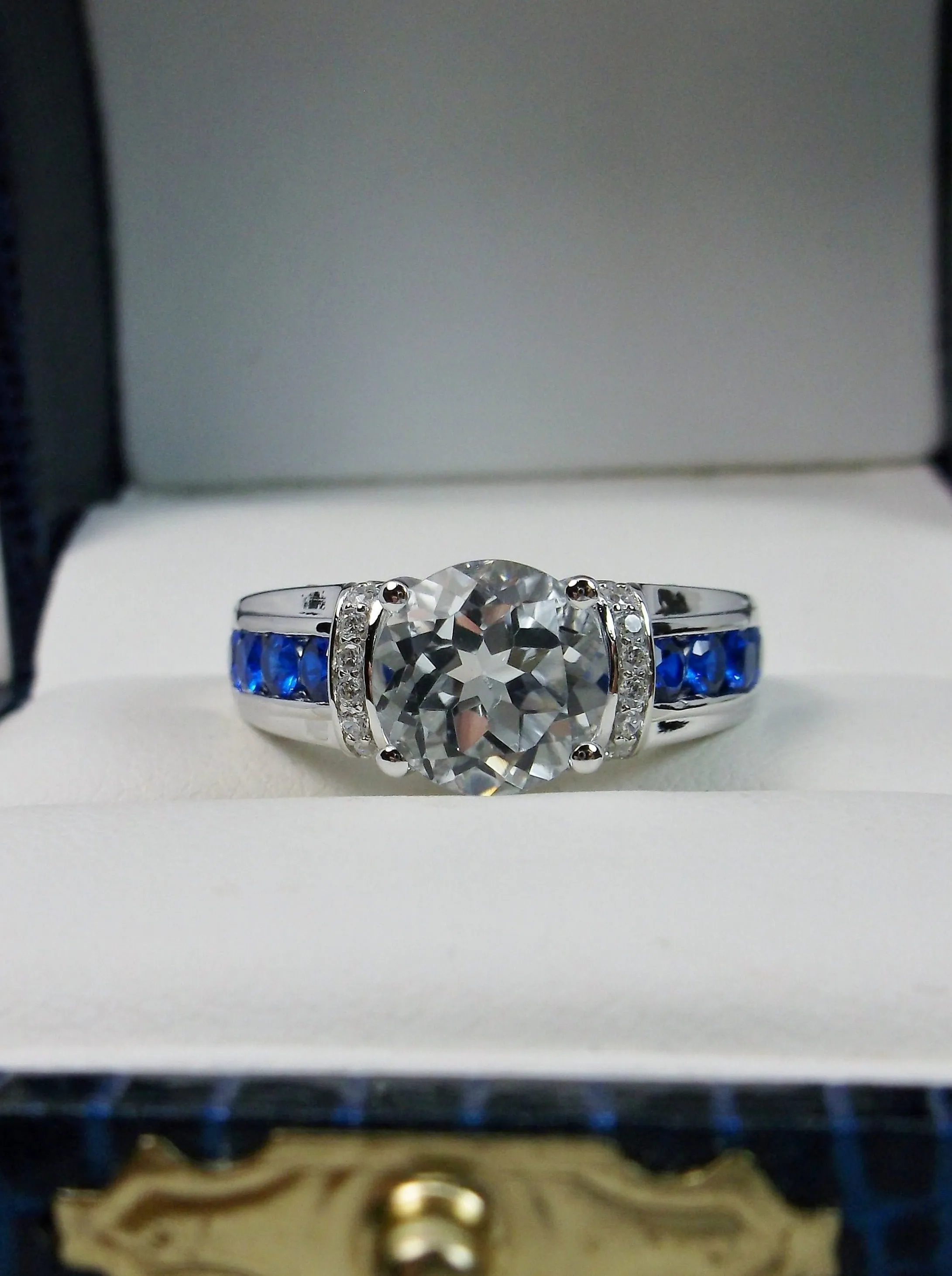 Topaz Ring, Natural White Topaz & Blue Sapphire Accents , Art Deco Jewelry #D220